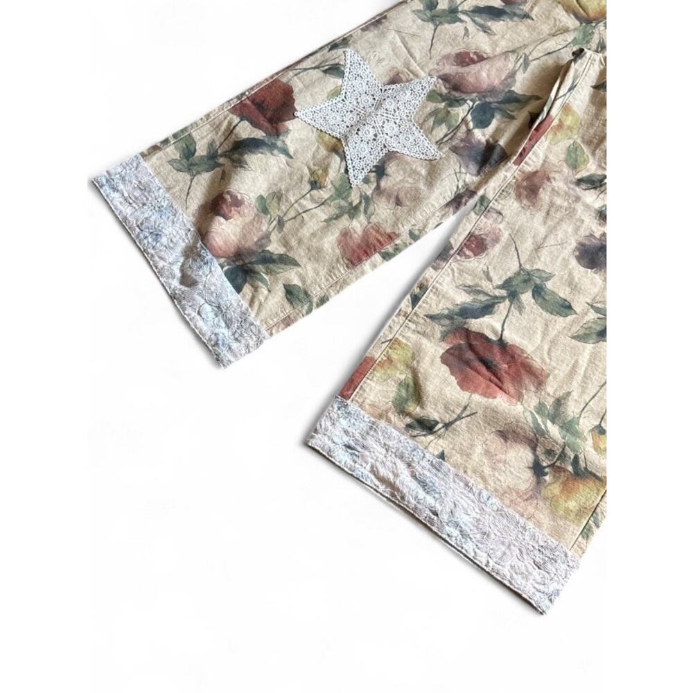 Pol Floral Wide-Leg Boho Pants in Beige with Lace Appliqué & Studs Women’s Sz S - Picture 8 of 9